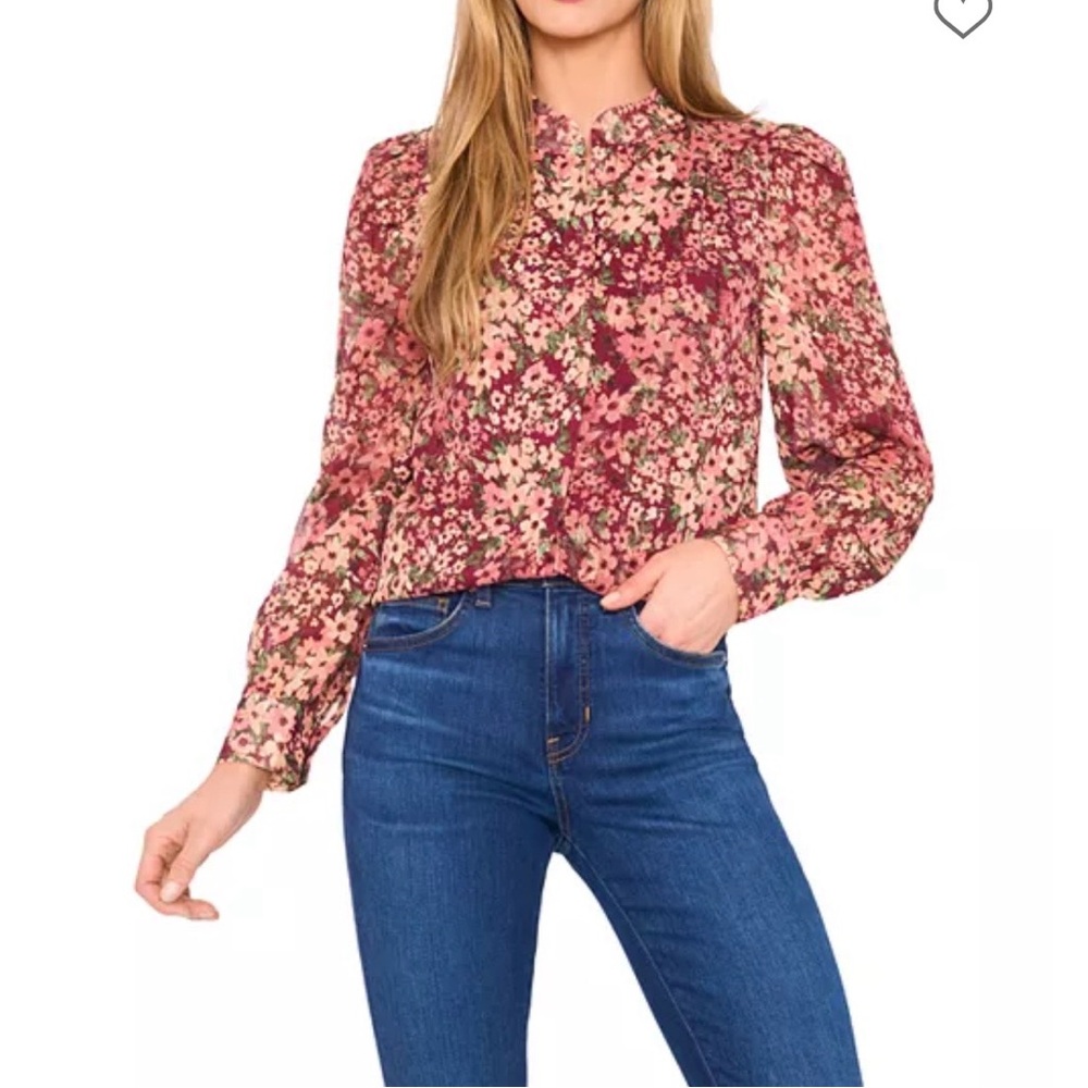 NWOT CeCe Pink and Burgundy Floral Long-Sleeve Blouse sz Large